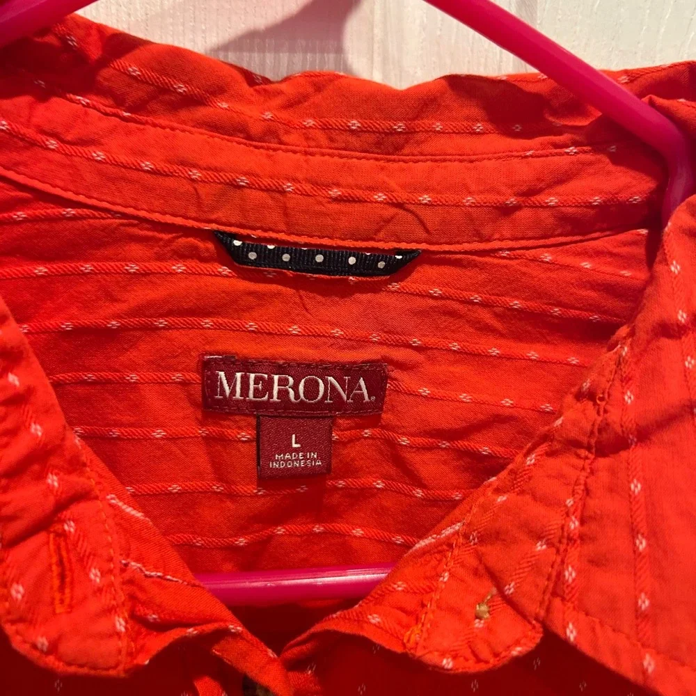 Merona Orange Textured Dot Print‎ Button Down Shirt Women's Large Career Office